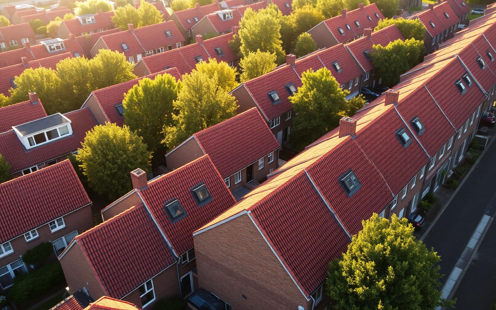 Nederlandse woonwijk met rijtjeshuizen en pannendaken van bovenaf
