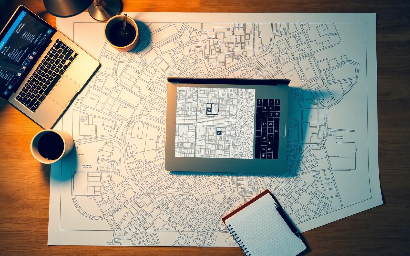Bovenaanzicht van een grote plattegrond van een Nederlandse buurt op een houten bureau, met laptop, koffie en notitieboek — sfeerbeeld van data-analyse per buurt.